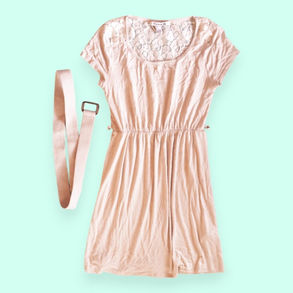 Cream/Beige T-Shirt Dress w/ Lace Back + Belt F21 S